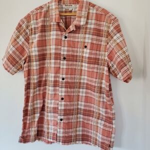 FRYE AND CO. Men XL Cameo Brown Plaid Western SS Button Camp Shirt Logo Cowboy